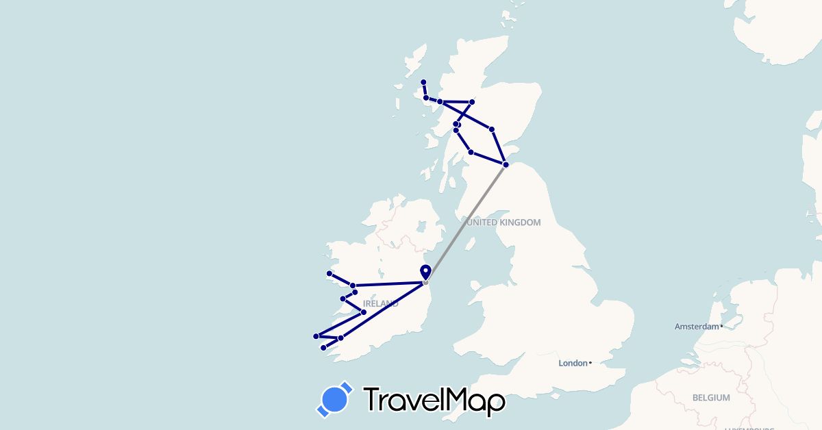 TravelMap itinerary: driving, plane in United Kingdom, Ireland (Europe)